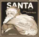 Local citrus box label titled Santa bearing a Santa Claus figure. Image links to a larger version of the old label.